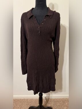 GAP Dark Brown Rib-Knit Long Sleeve Sweater Dress